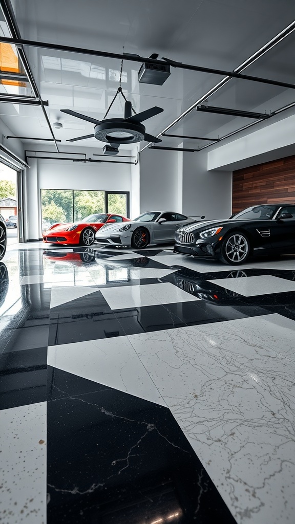 Stylish garage interior featuring geometric patterns on epoxy flooring with luxury cars.