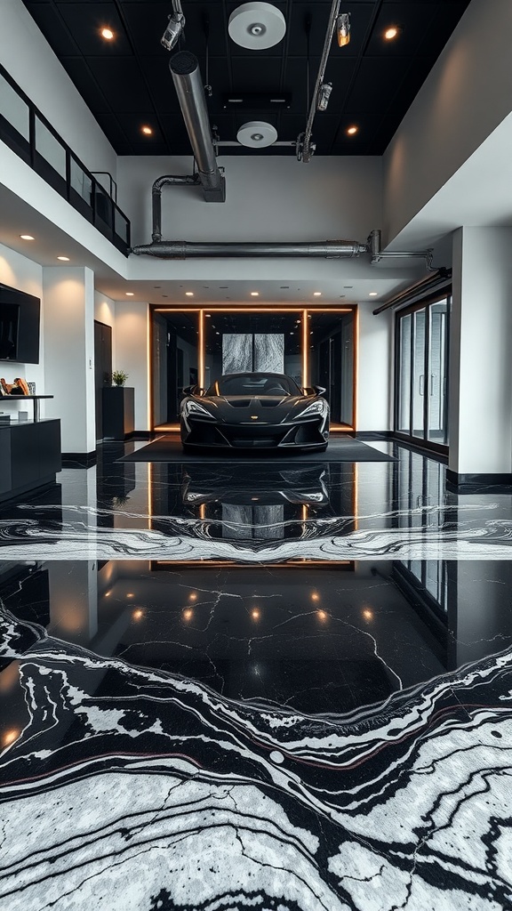 A modern garage interior featuring a striking black marble epoxy floor with geometric patterns.