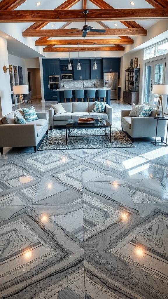 A modern living space featuring geometric epoxy flooring with a mix of shapes and lines.