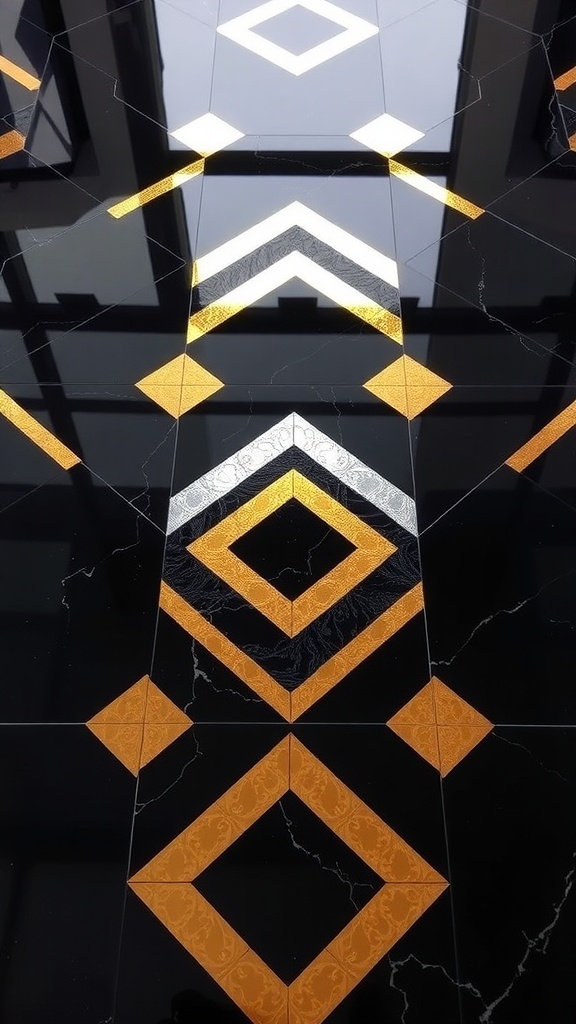 Colorful geometric epoxy floor design in a hallway