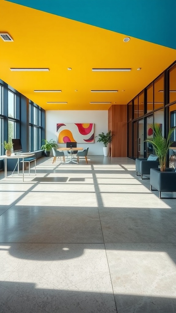 An interior space showcasing a geometric patterned epoxy concrete floor in bold colors, featuring shapes in orange, black, white, and red.