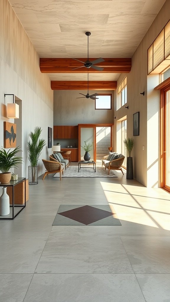 Modern living room with polished concrete floors featuring geometric patterns and large windows