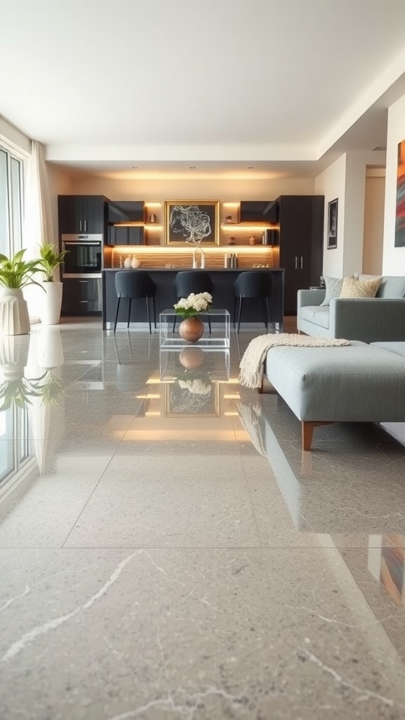 A modern living space with geometric epoxy floor designs featuring various shapes and colors.