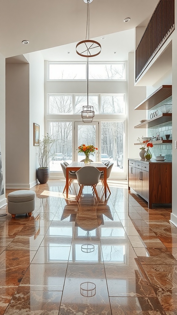 Modern living room with polished concrete floors and geometric wooden coffee table