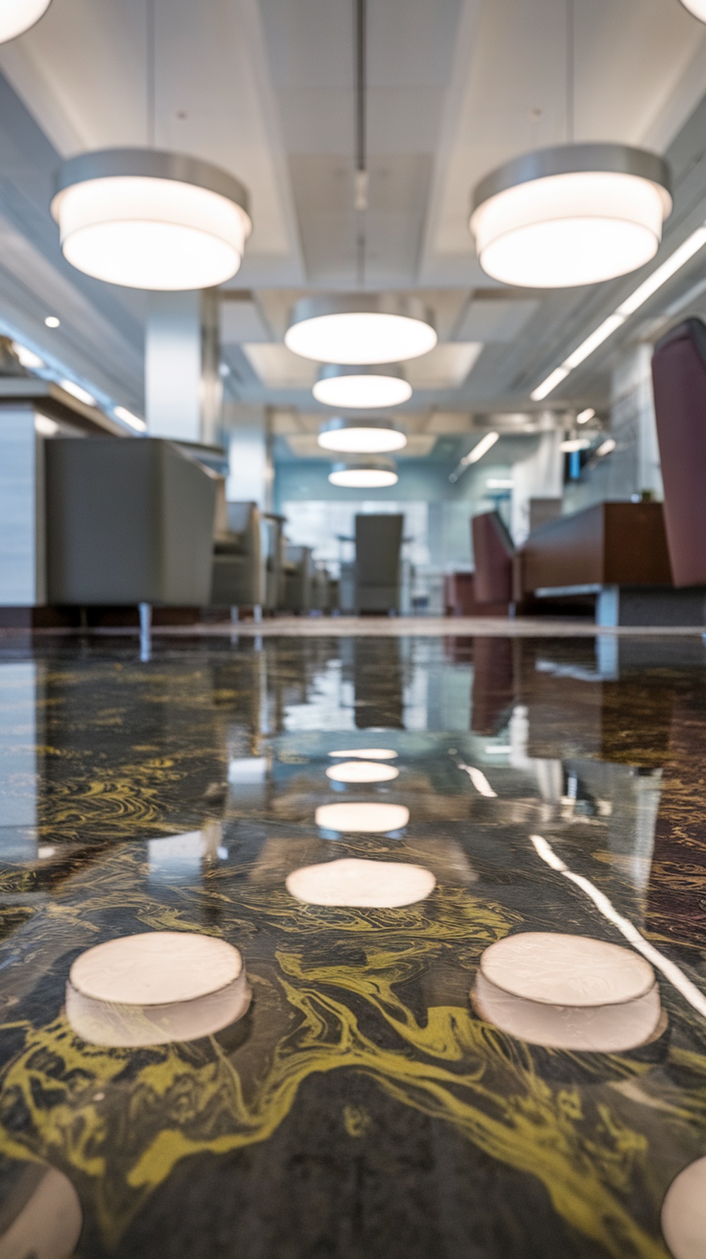 Geometric epoxy floor design with circular elements and a glossy finish