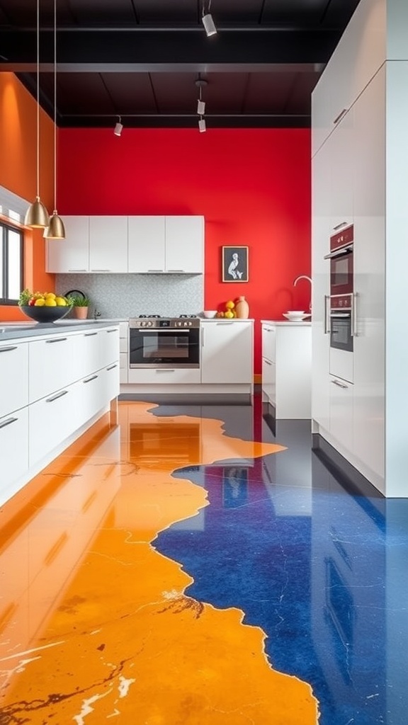 A modern kitchen featuring a colorful geometric epoxy floor design with vibrant shapes and colors.