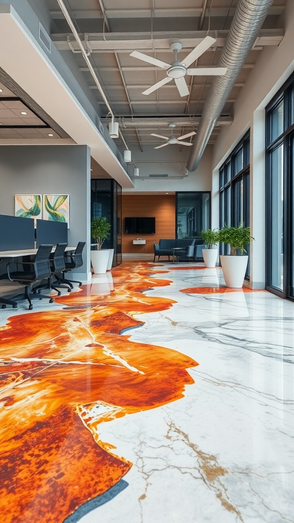 Geometric epoxy floor design featuring bold diamond patterns in orange, gray, and white in a modern office space