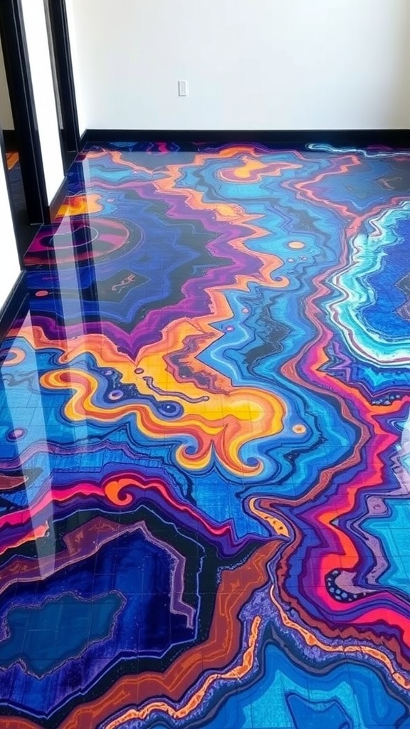 A modern kitchen with a 3D epoxy floor featuring koi fish patterns