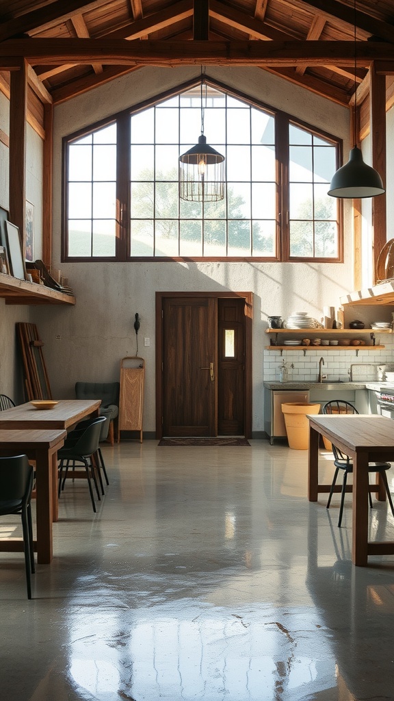A geometric patterned epoxy floor featuring warm colors in a rustic bar setting