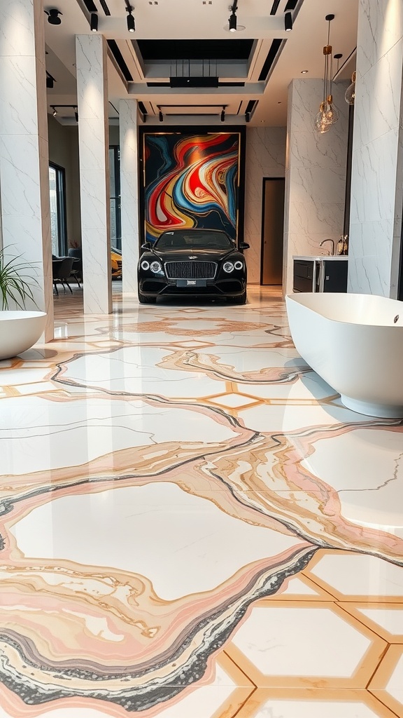 A beautifully designed epoxy floor featuring geometric patterns in shades of pink, black, and white.