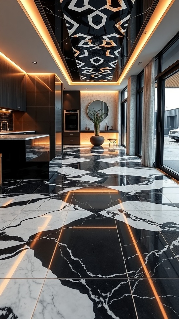 Luxury kitchen with geometric black epoxy floor and stylish lighting.