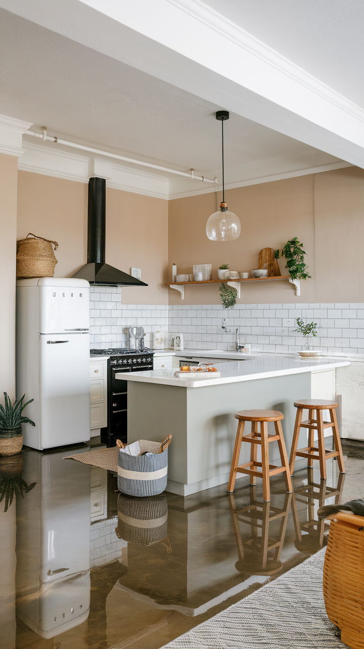 A modern kitchen with a geometric epoxy floor, featuring a diamond pattern in black and beige.