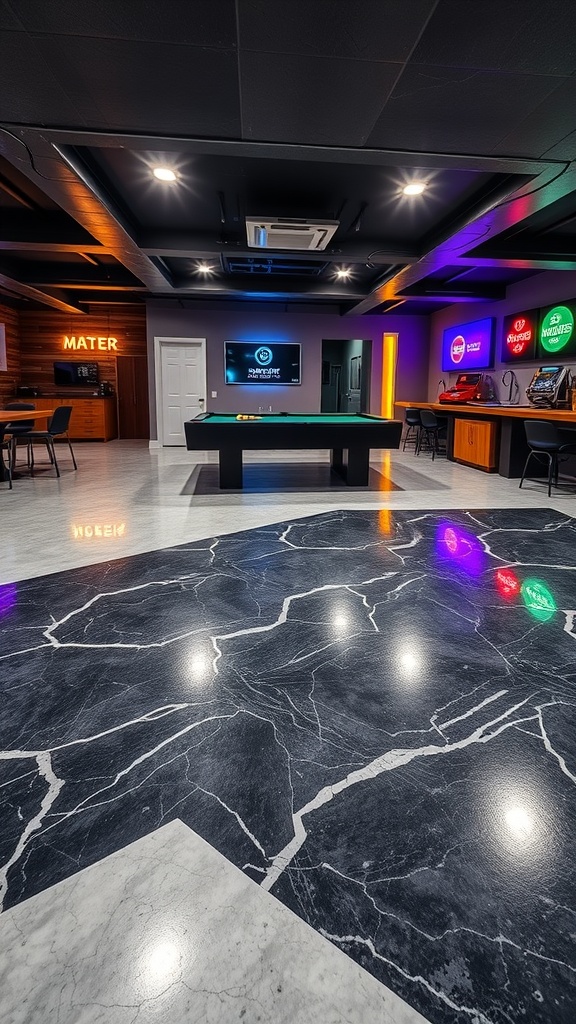 A stylish game room basement with a black and white geometric epoxy floor, showcasing a modern and luxurious design.