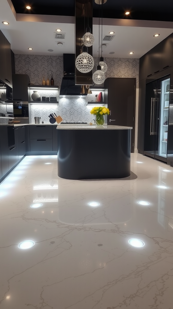 Stylish geometric epoxy floor in a modern kitchen.