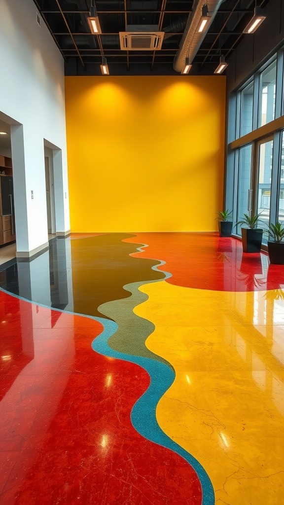 A beautifully designed epoxy floor featuring geometric patterns in warm copper and white.