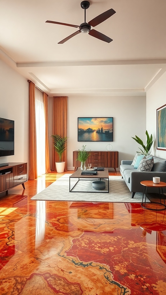A modern home interior showcasing geometric patterns in flooring, with a warm wood design and a contrasting geometric layout.