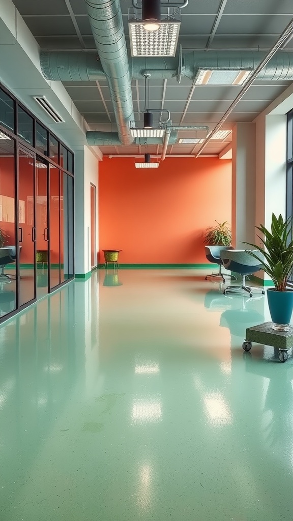 Colorful geometric epoxy floor in a hallway with plants and modern decor.