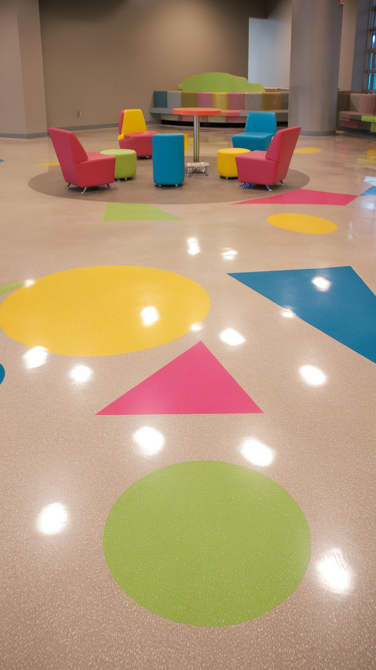 Brightly colored geometric shapes on a polished floor