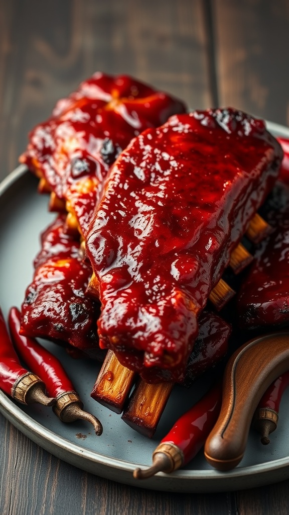 Deliciously glazed Ghost Pepper BBQ ribs with a side of red chili peppers