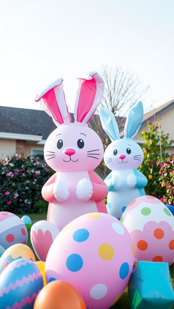 Two giant inflatable bunnies in a garden with colorful Easter eggs.