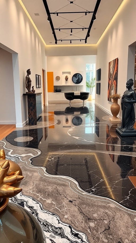 Interior design showcasing a glistening metallic finish resin floor with artistic patterns and modern decor