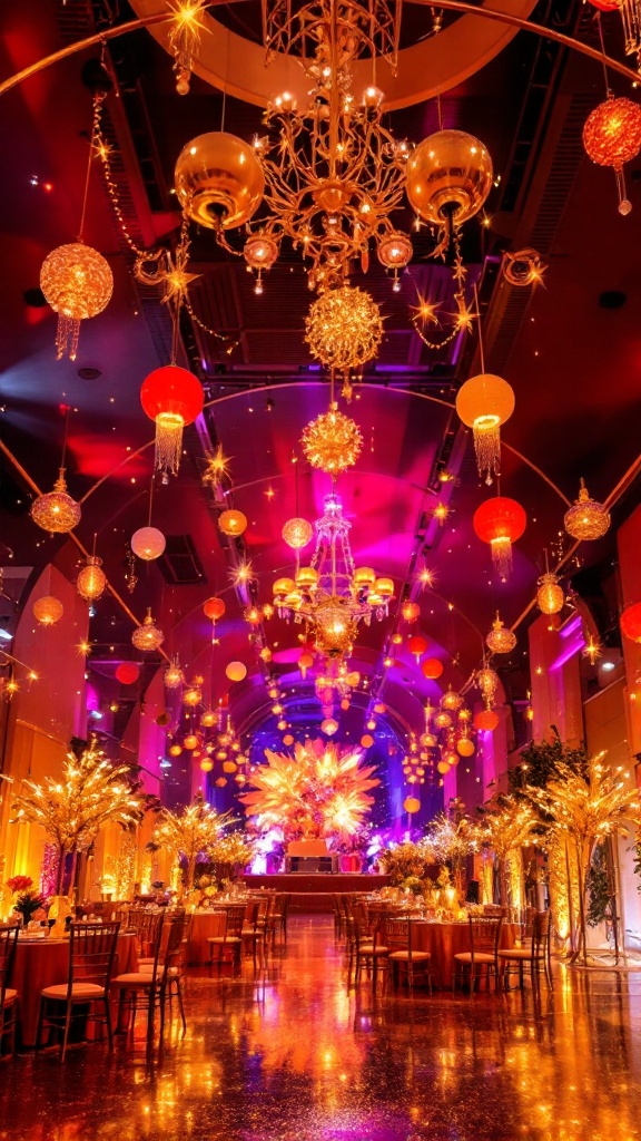 A beautifully decorated event space with glitter epoxy floors, chandeliers, and colorful lighting.