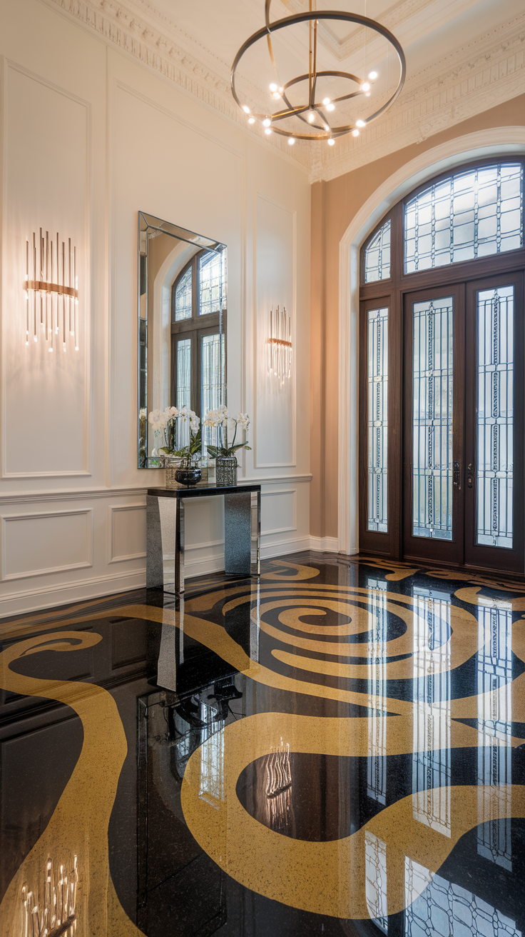 Glossy black and gold swirl epoxy floor in an elegant foyer
