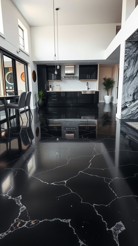 Interior space with glossy black epoxy finish flooring, featuring a modern kitchen and dining area.