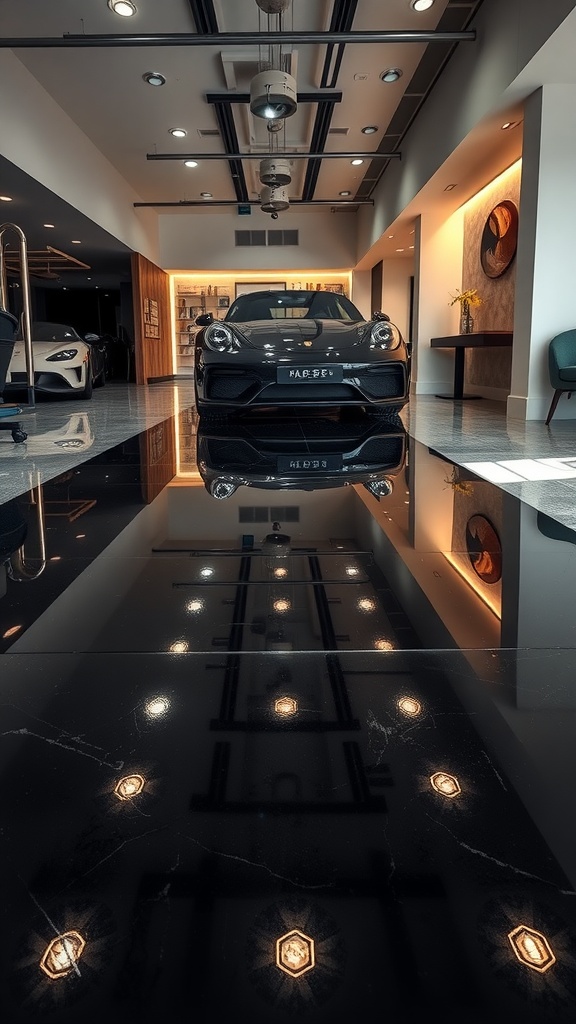 A modern interior space featuring glossy black epoxy floors reflecting lights and a sleek car.