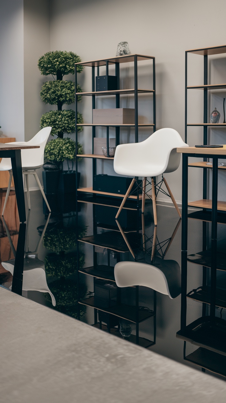 A modern workspace featuring glossy black epoxy flooring, showcasing a sleek and reflective surface.