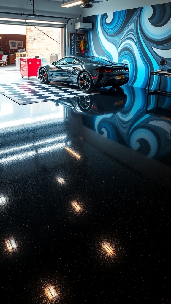 A garage featuring a glossy black epoxy floor with a modern car and vibrant wall art.