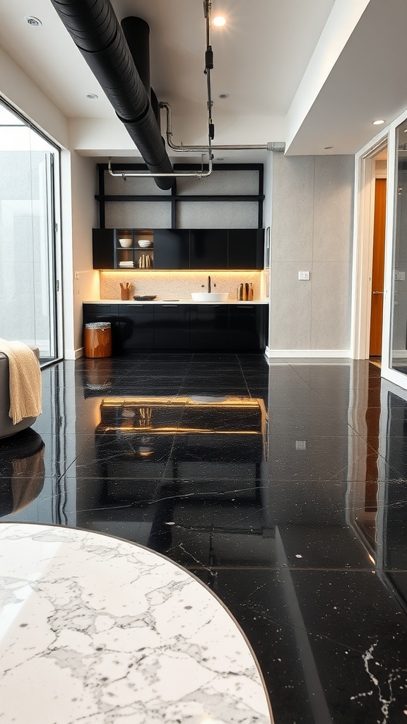 A modern space featuring glossy black epoxy flooring with a kitchen area, showcasing minimalist design and a marble table.