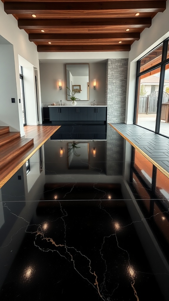 Interior view showcasing glossy black epoxy floor with gold accents, modern design elements, and natural light.