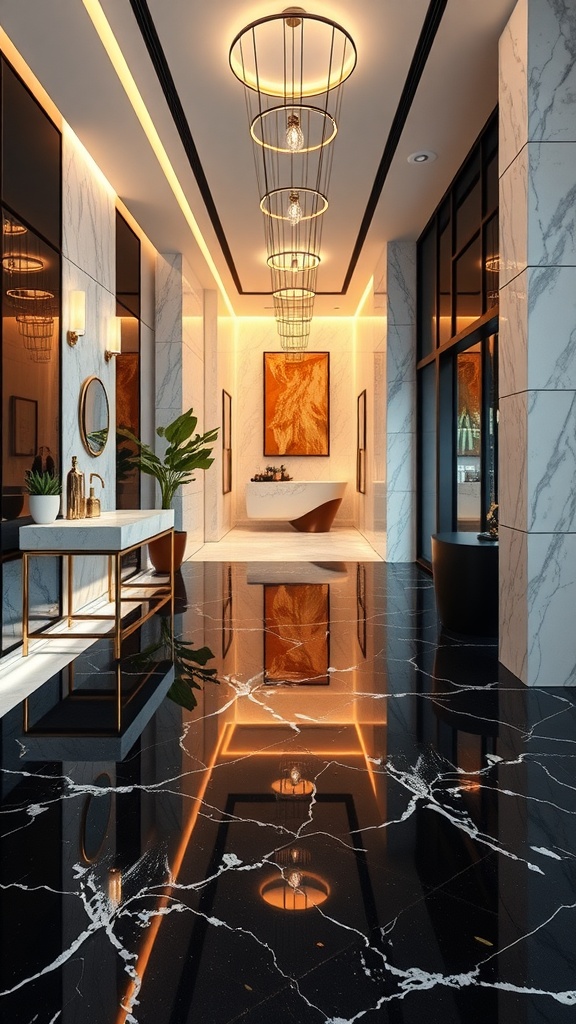 A luxurious entryway featuring glossy black resin flooring, elegant lighting, and modern decor.