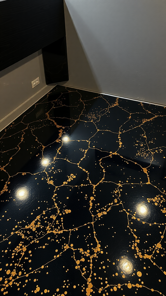 Glossy black floor with gold flecks in a modern room