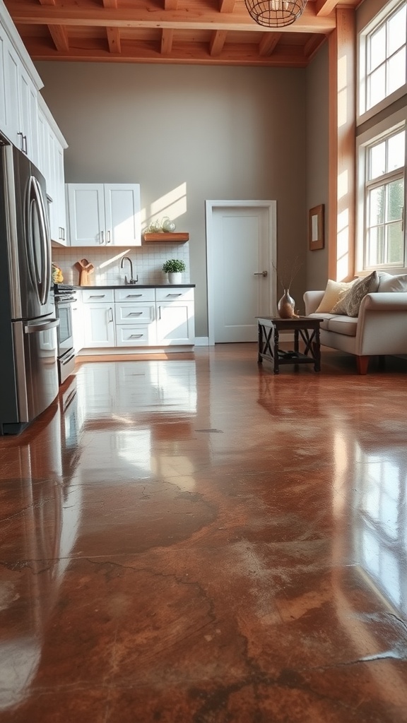 A modern kitchen with a glossy brown epoxy floor, white cabinets, and wooden beams.