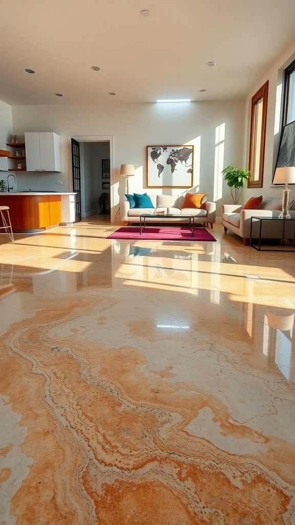 A bright living room with glossy epoxy flooring featuring intricate patterns and warm hues.