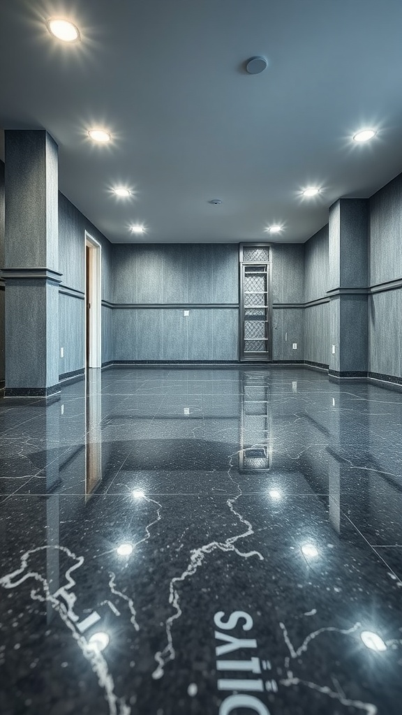 A modern basement with glossy epoxy flooring, showcasing a sleek and reflective surface.