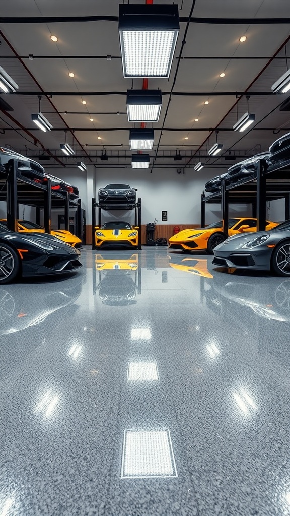 Luxury garage interior with glossy epoxy floor and multiple cars on display