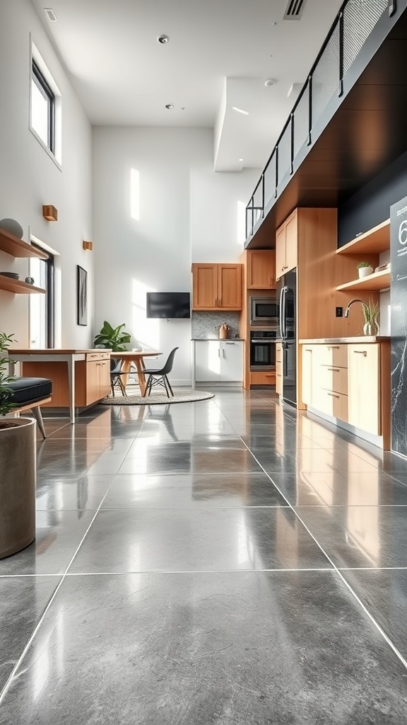 Modern kitchen with glossy epoxy concrete floors and wooden cabinetry