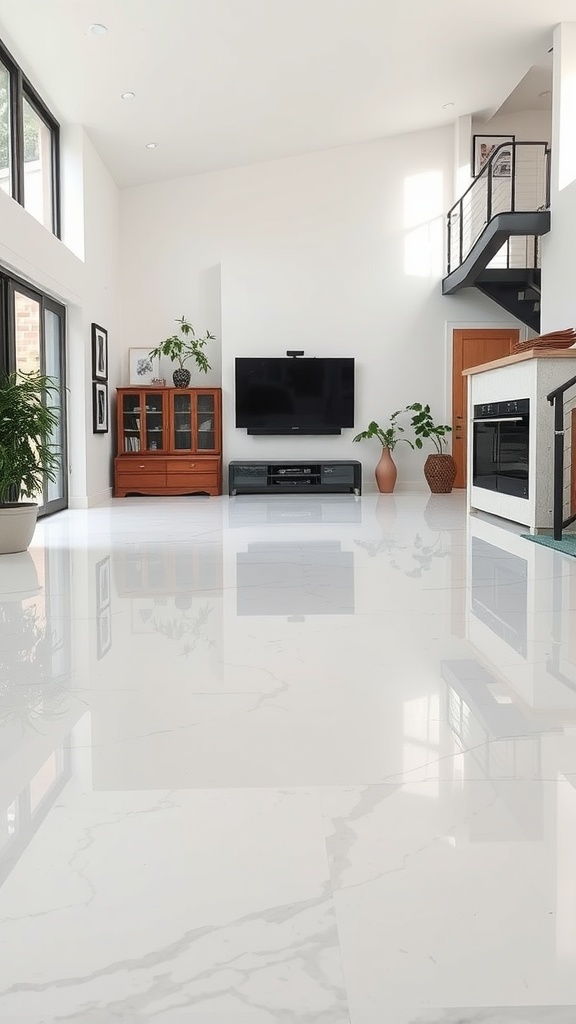 A modern living room with bright glossy epoxy floors, featuring minimalistic decor and large windows.