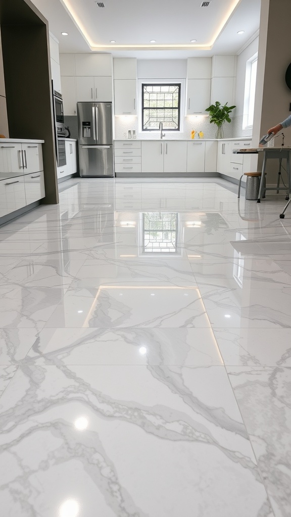 Glossy epoxy floor with a modern kitchen design