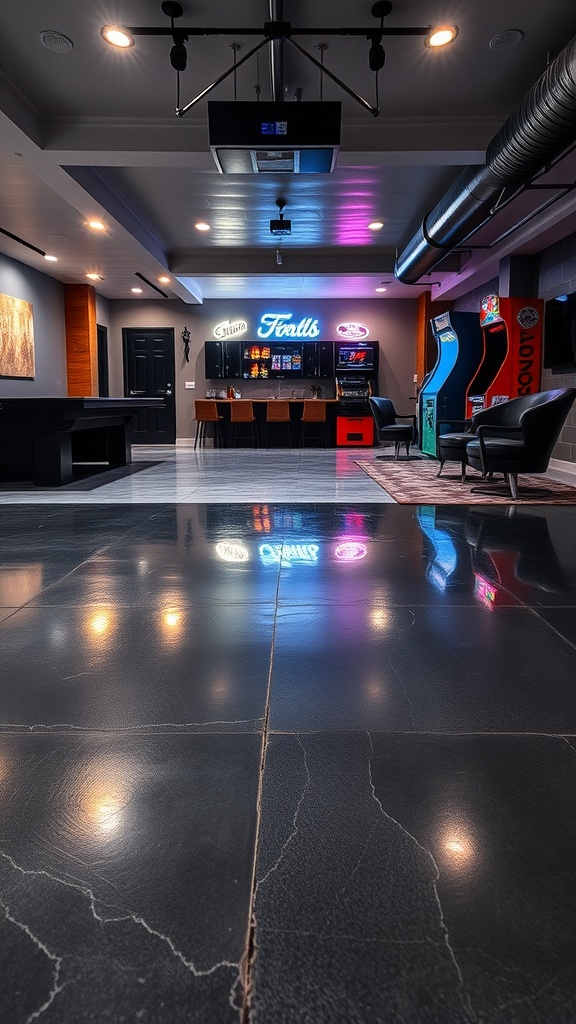 A sleek, glossy epoxy floor in a modern game room basement, showcasing arcade machines and a stylish bar area.