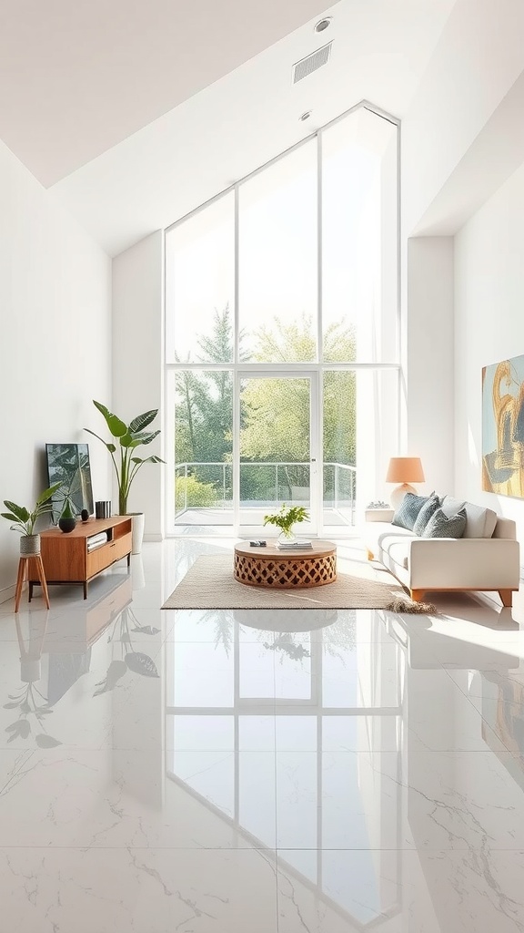 Bright living room with glossy epoxy floor, large windows, and modern furniture.