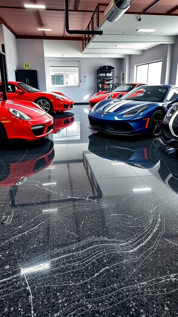 A luxury garage with glossy epoxy flooring and stylish cars