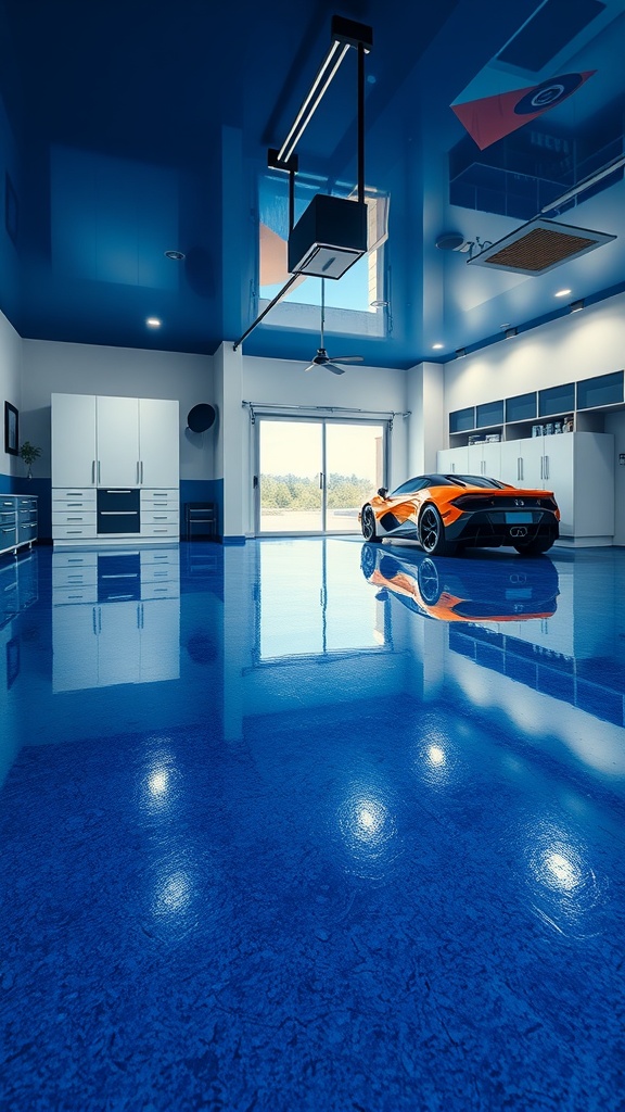 A modern garage with a glossy blue epoxy floor and an orange sports car.