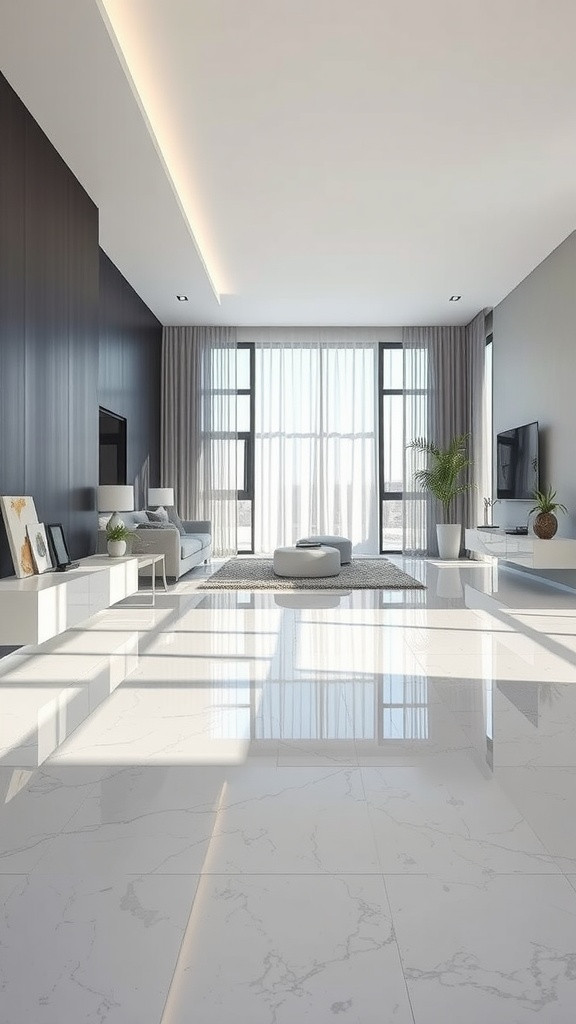 Modern living room with glossy epoxy floors and large windows