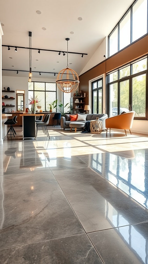 Interior view of a modern open space with polished concrete flooring, bright lighting, and stylish furniture.