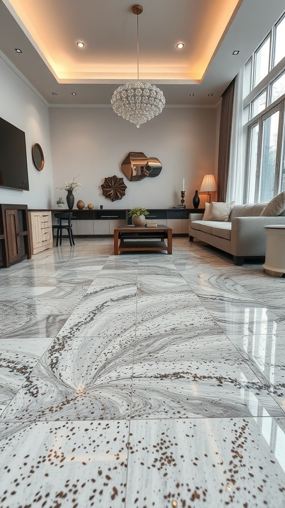Glossy epoxy floor in a living area with light reflections