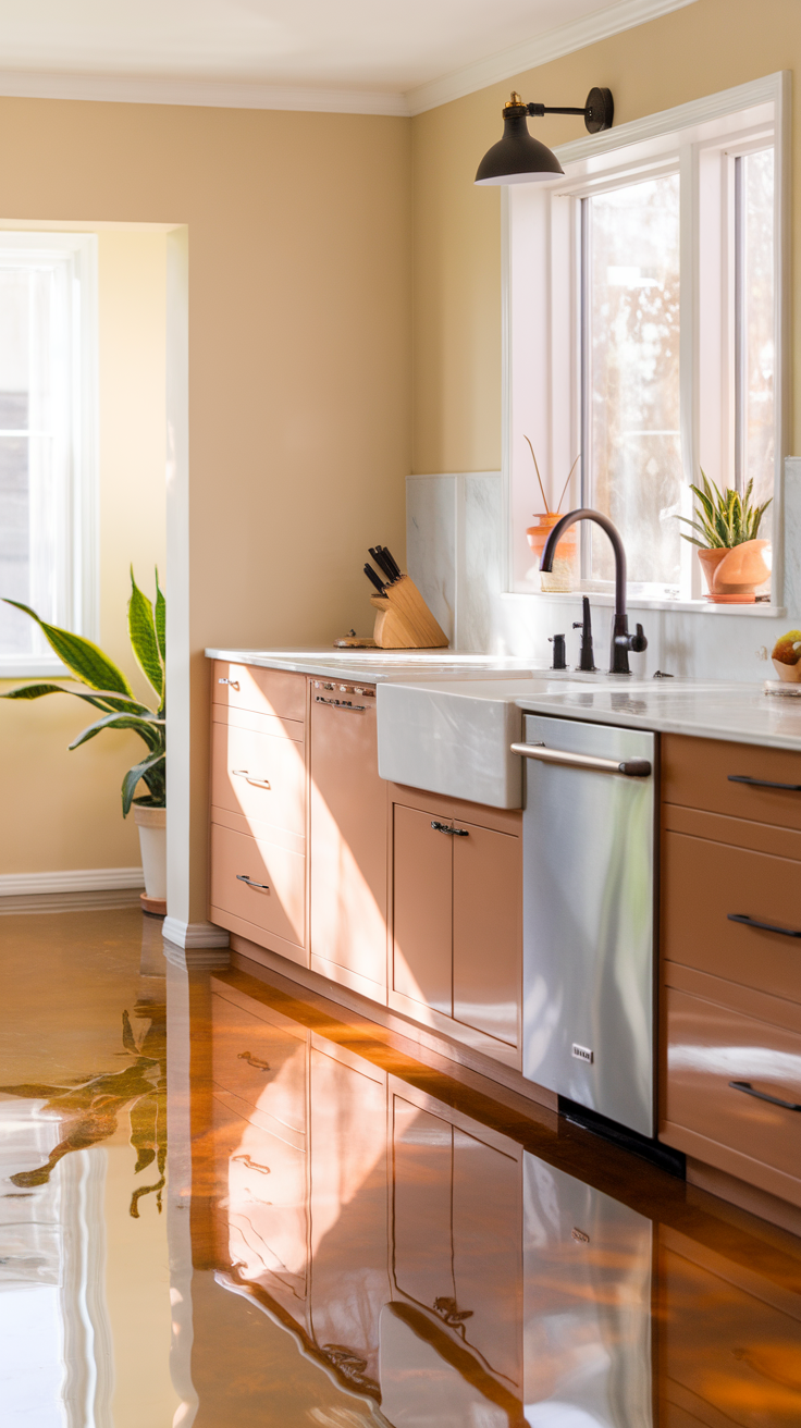 A kitchen with a glossy epoxy floor in warm hues, featuring modern cabinets and natural light.